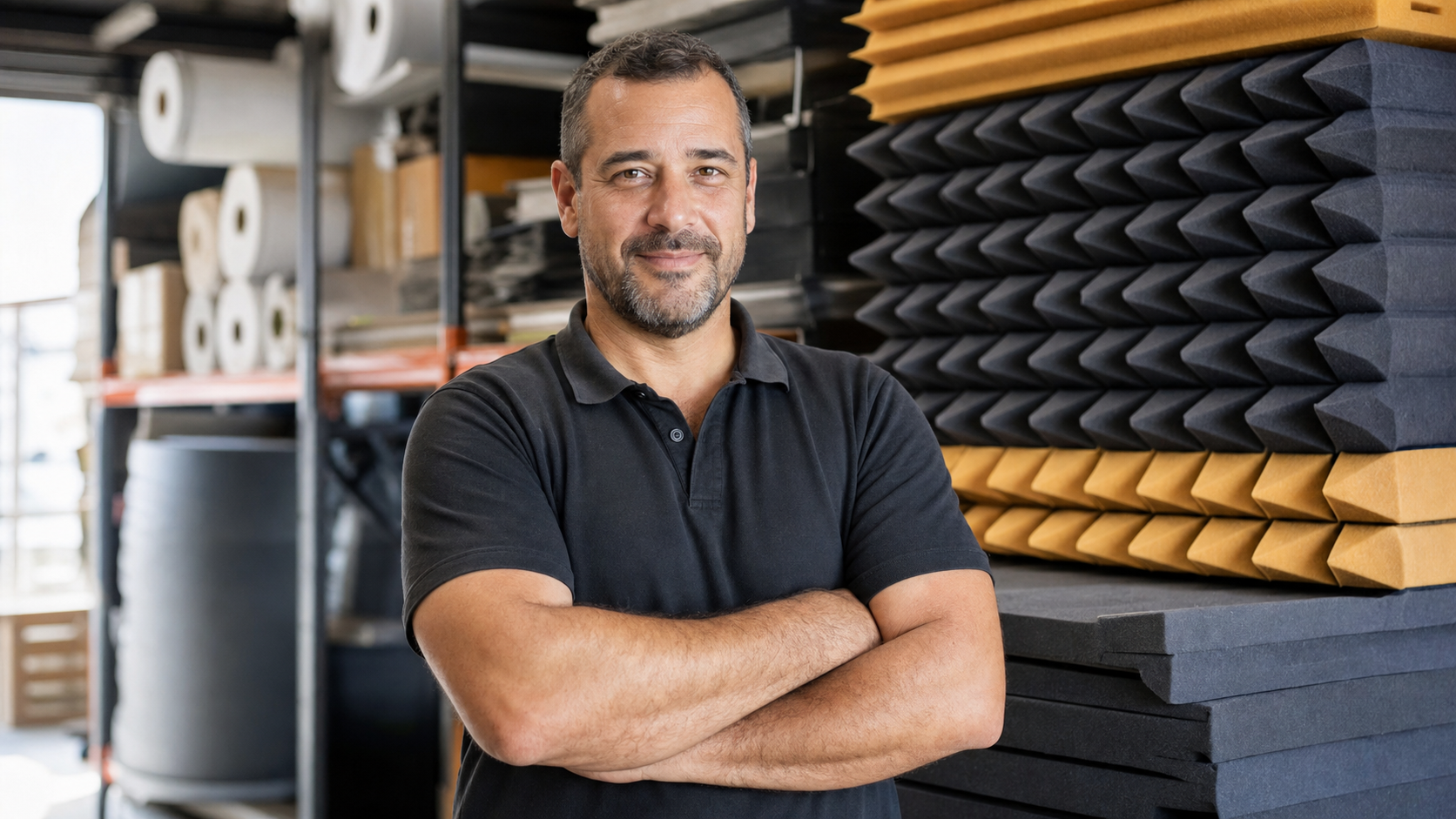 Cédric Masson, artisan spécialiste en insonorisation, dans son atelier stocké de panneaux acoustiques