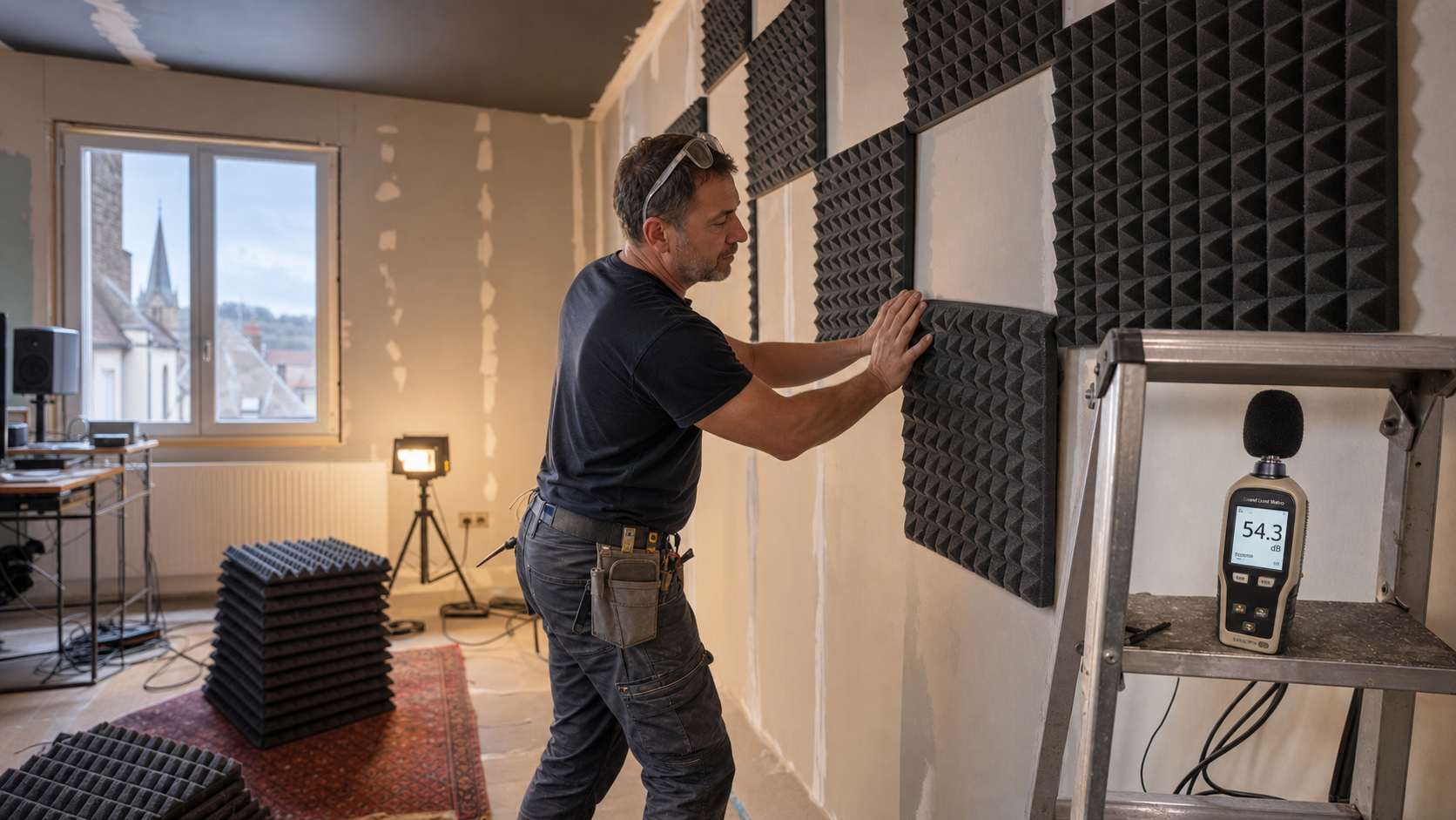 Cédric Masson posant des panneaux acoustiques en mousse alvéolée sur un mur, avec un sonomètre affichant la mesure en décibels