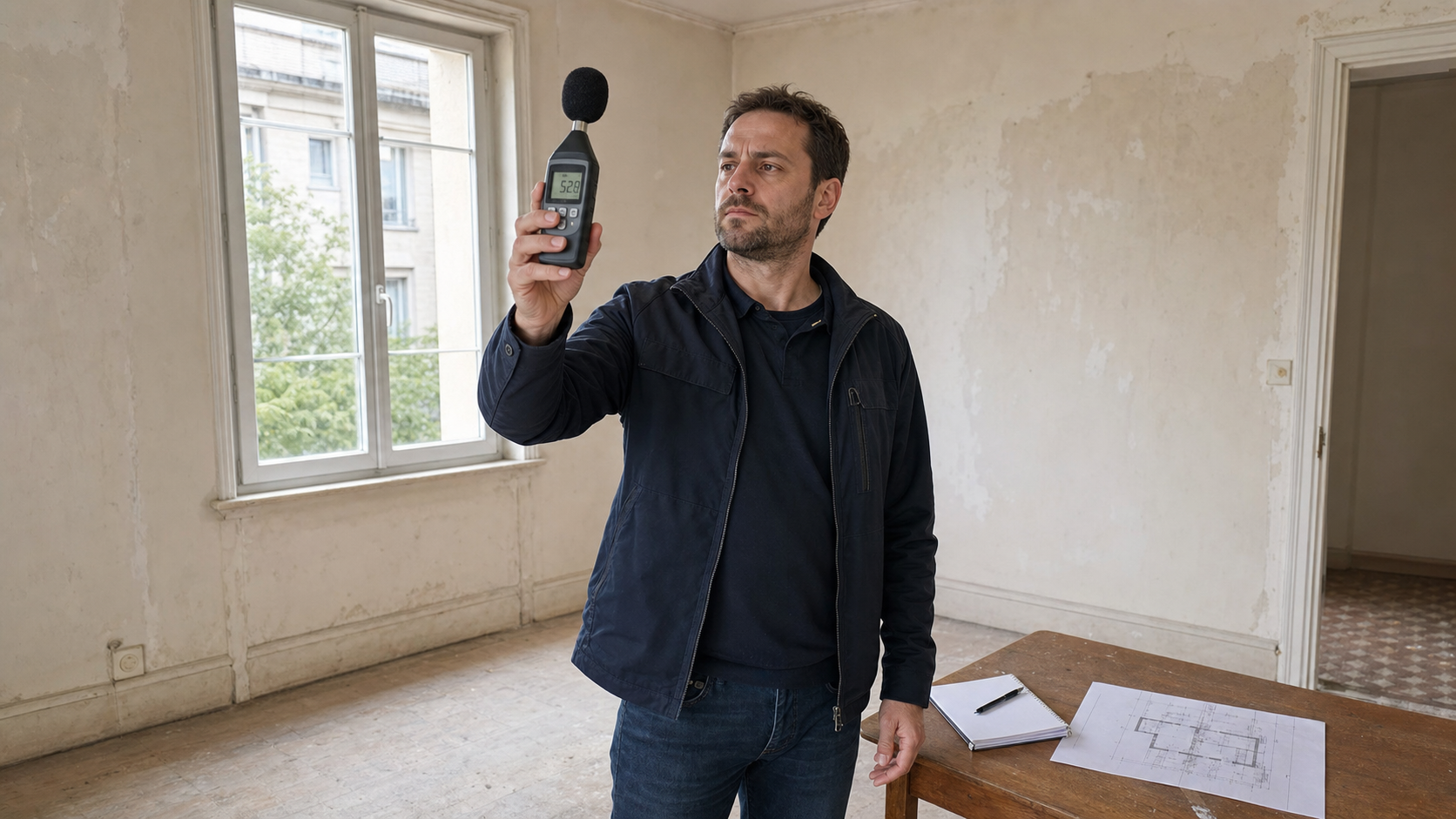 Technicien mesurant le niveau sonore d'une pièce vide au sonomètre avant travaux d'insonorisation