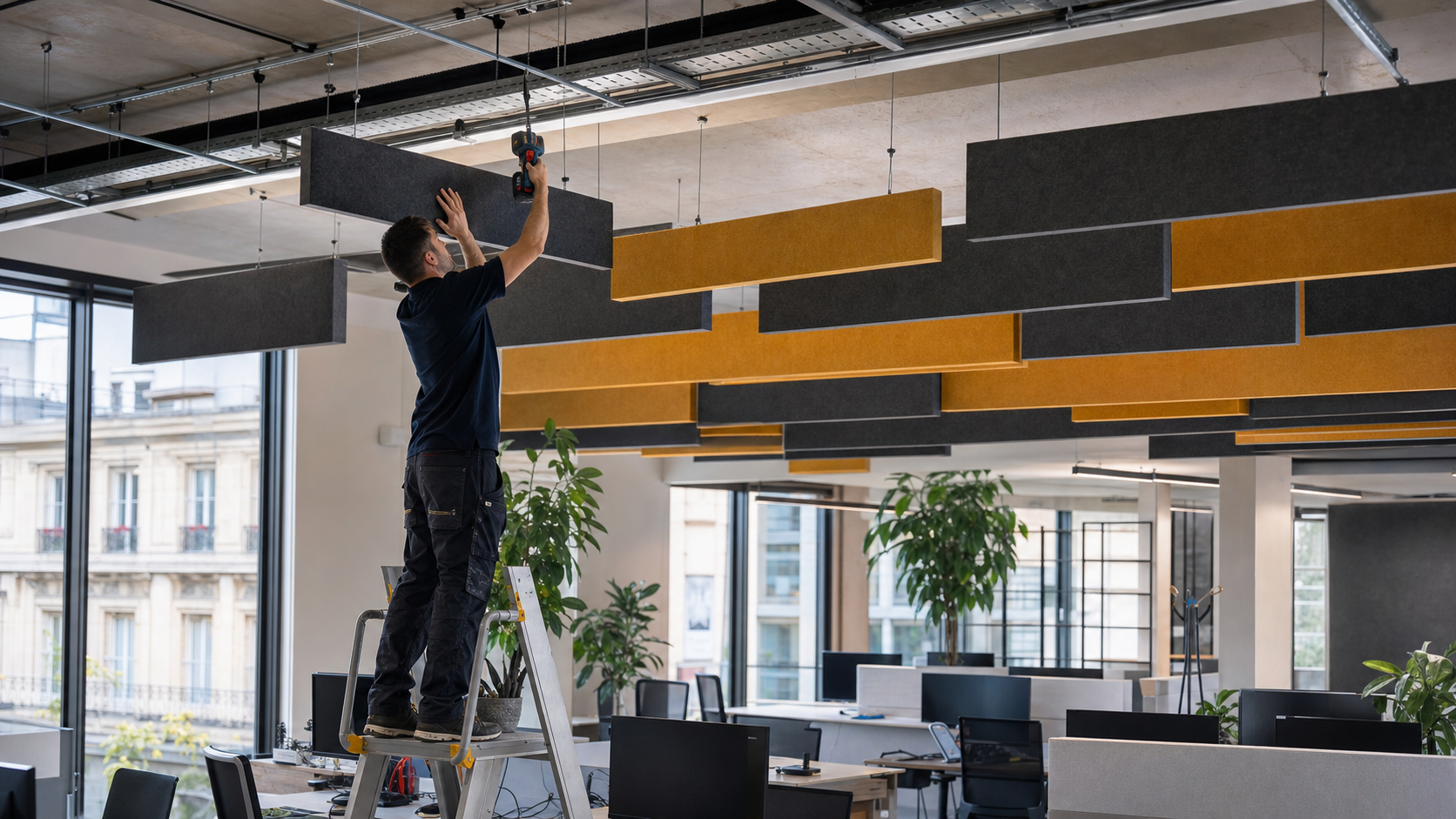 Installation de baffles acoustiques suspendus dans un plafond de bureau open space