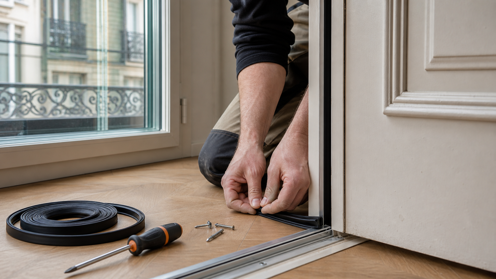 Pose d'un joint d'étanchéité acoustique sur le seuil d'une porte, fenêtre double vitrage en arrière-plan