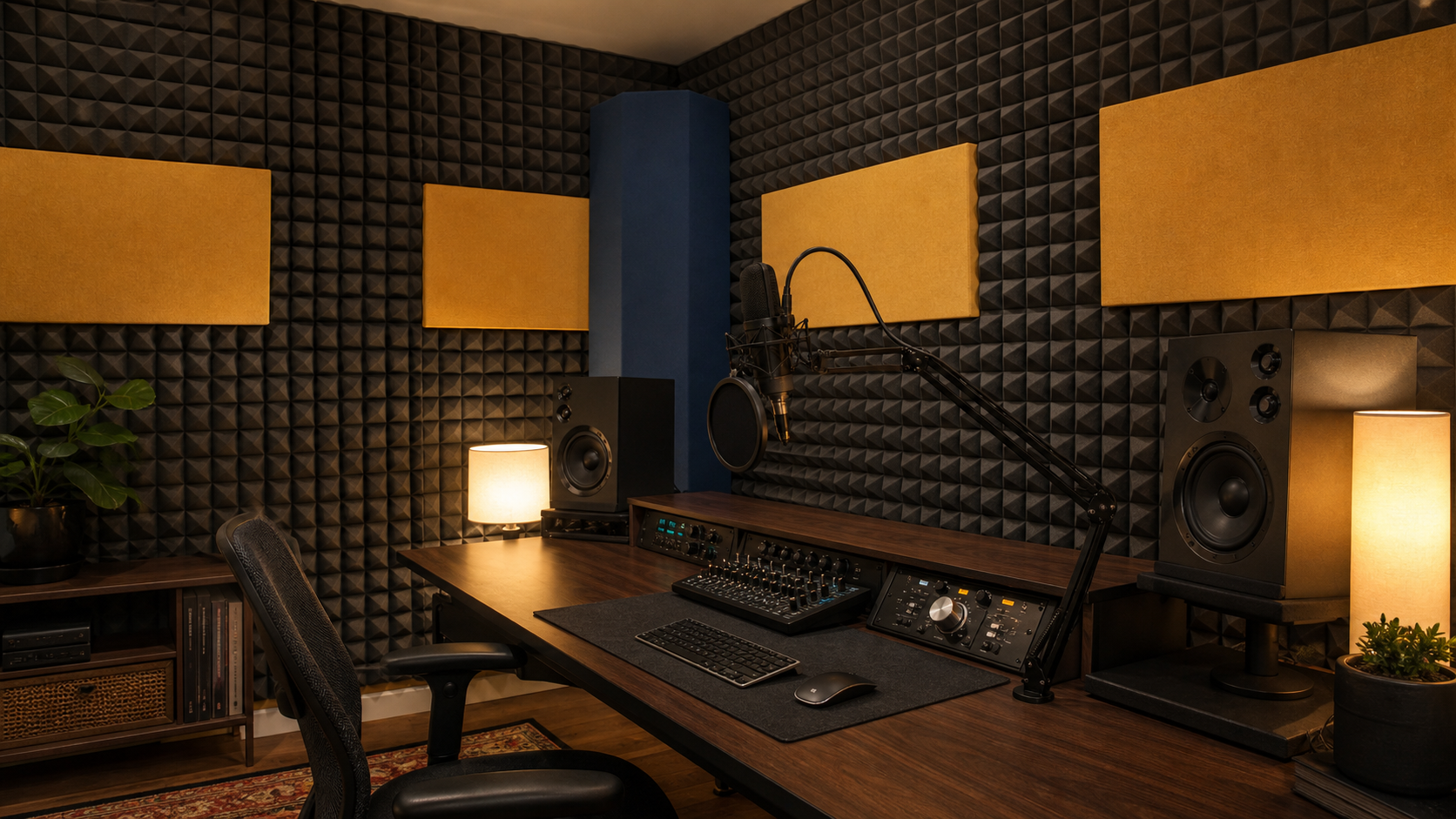 Studio d'enregistrement traité avec mousse acoustique pyramidale anthracite et panneaux moutarde